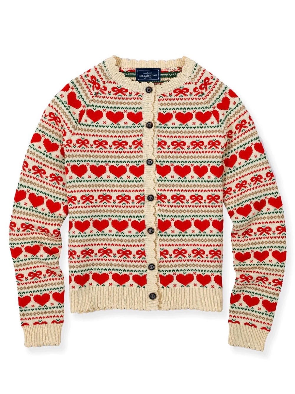 Kiel James Patrick Cream Cardigan with Red Heart & Bow Fair Isle